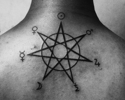 Photo of a septogram tattoo with astrological symbols