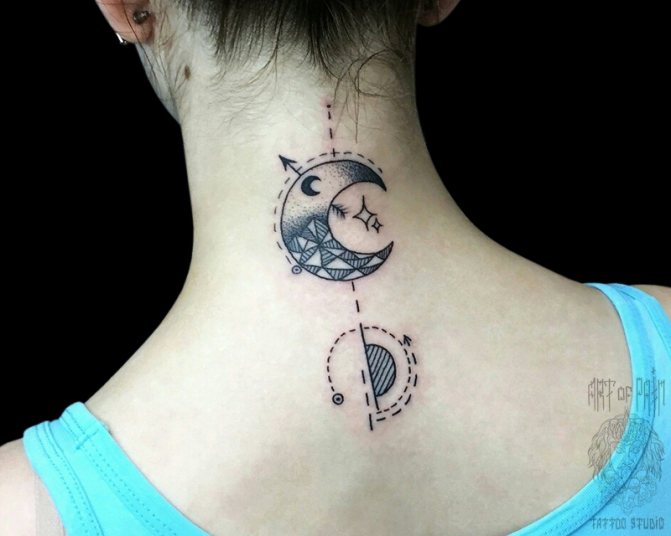 Moon and stars: tattoo on the neck